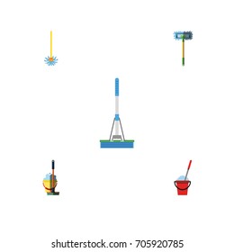Flat Icon Mop Set Of Bucket, Broomstick, Cleaning And Other Vector Objects. Also Includes Besom, Broomstick, Equipment Elements.