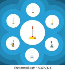 Flat Icon Mop Set Of Cleaning, Mop, Broom And Other Vector Objects. Also Includes Broomstick, Besom, Bucket Elements.