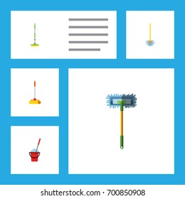 Flat Icon Mop Set Of Equipment, Bucket, Besom And Other Vector Objects. Also Includes Besom, Bucket, Mop Elements.