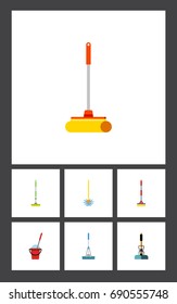 Flat Icon Mop Set Of Sweep, Broomstick, Cleaner And Other Vector Objects. Also Includes Cleaning, Broomstick, Bucket Elements.
