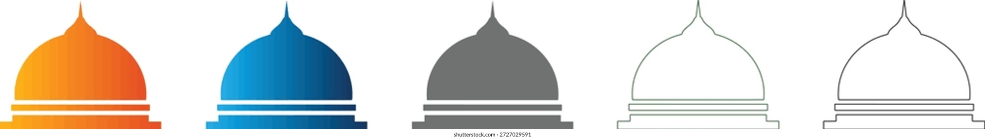 Un icono plano de una cúpula de mezquita, parte de un conjunto de iconos profesionales, con un diseño de Vector negro simple y sólido, aislado sobre un fondo blanco, ideal para diversas aplicaciones digitales e impresas.