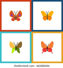 Flat Icon Moth Set Of Beauty Fly, Danaus Plexippus, Butterfly And Other Vector Objects. Also Includes Butterfly, Monarch, Moth Elements.
