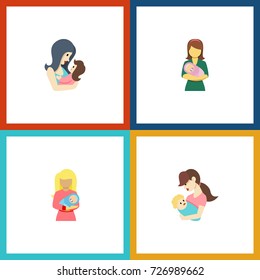 Flat Icon Mother Set Of Newborn Baby, Child, Woman And Other Vector Objects. Also Includes Baby, Kid, Newborn Elements.