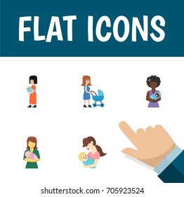 Flat Icon Mother Set Of Perambulator, Woman, Baby And Other Vector Objects. Also Includes Nanny, Woman, Child Elements.