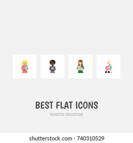 Flat Icon Mother Set Of Woman, Kid, Mother And Other Vector Objects. Also Includes Kid, Perambulator, Mother Elements.