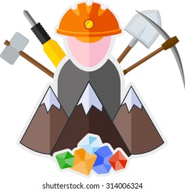 Flat icon with mountain, miner and mining tools 