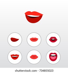 Flat Icon Mouth Set Of Tongue, Lipstick, Laugh And Other Vector Objects. Also Includes Lips, Mouth, Teeth Elements.