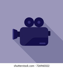 Flat icon movie camera with long shadow in blue tone using for equipment of film production background. 