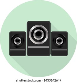 flat icon of music speakers for players, guitars, music tsentor, TVs, etc on green background