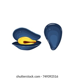 Flat icon mussels vector illustration isolated on a white background. Fresh raw mollusk, design element for emblem, menu, logo, label, sign, brand mark