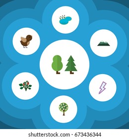 Flat Icon Natural Set Of Berry, Lightning, Forest And Other Vector Objects. Also Includes Wing, Lightning, Strawberry Elements.