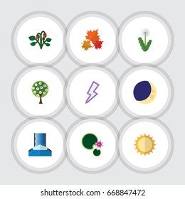 Flat Icon Natural Set Of Canadian, Lightning, Lotus And Other Vector Objects. Also Includes Solar, Maple, Crescent Elements.