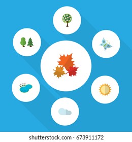 Flat Icon Natural Set Of Canadian, Solar, Monarch And Other Vector Objects. Also Includes Maple, Tree, Lake Elements.