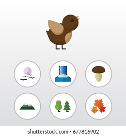 Flat Icon Natural Set Of Canadian, Champignon, Peak And Other Vector Objects. Also Includes River, Waterfall, Moon Elements.