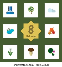 Flat Icon Natural Set Of Canadian, Cascade, Pond And Other Vector Objects. Also Includes Lily, Dandelion, Lagoon Elements.
