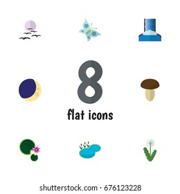 Flat Icon Natural Set Of Cascade, Half Moon, Pond And Other Vector Objects. Also Includes Flower, Crescent, Bird Elements.