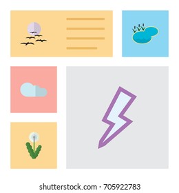 Flat Icon Natural Set Of Gull, Lightning, Overcast And Other Vector Objects. Also Includes Storm, Lightning, Pond Elements.