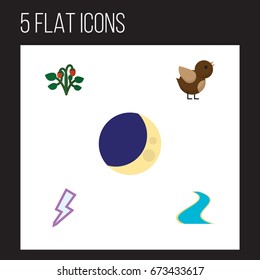 Flat Icon Natural Set Of Half Moon, Lightning, Tributary And Other Vector Objects. Also Includes Sparrow, Strawberry, Midnight Elements.