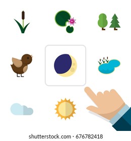 Flat Icon Natural Set Of Half Moon, Pond, Bird And Other Vector Objects. Also Includes Midnight, Lake, Cloud Elements.