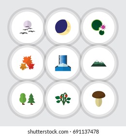 Flat Icon Natural Set Of Half Moon, Gull, Berry And Other Vector Objects. Also Includes Bird, Berry, Lotus Elements.