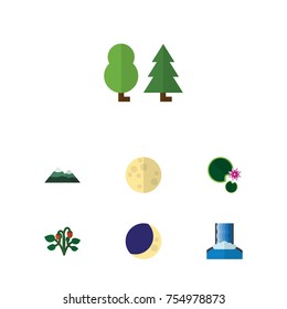 Flat Icon Natural Set Of Half Moon, Peak, Lotus And Other Vector Objects. Also Includes Pinnacle, Tree, Forest Elements.