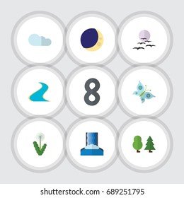 Flat Icon Natural Set Of Monarch, Forest, Tributary And Other Vector Objects. Also Includes Moon, Waterfall, Midnight Elements.
