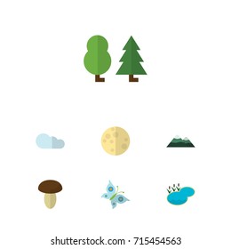 Flat Icon Natural Set Of Monarch, Forest, Lunar And Other Vector Objects. Also Includes Fungi, Moon, Cloud Elements.
