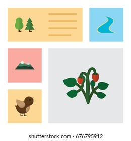 Flat Icon Natural Set Of Peak, Forest, Tributary And Other Vector Objects. Also Includes Strawberry, Peak, Wing Elements.