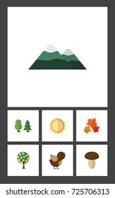 Flat Icon Natural Set Of Peak, Champignon, Forest And Other Vector Objects. Also Includes Forest, Wood, Mountain Elements.
