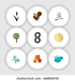 Flat Icon Natural Set Of Tree, Cattail, Monarch And Other Vector Objects. Also Includes Leaf, Moth, Tree Elements.