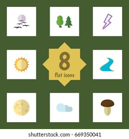 Flat Icon Natural Set Of Tributary, Solar, Forest And Other Vector Objects. Also Includes Cloudy, Thunder, Estuary Elements.