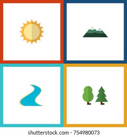 Flat Icon Natural Set Of Tributary, Peak, Forest And Other Vector Objects. Also Includes Solar, Sunshine, Tributary Elements.