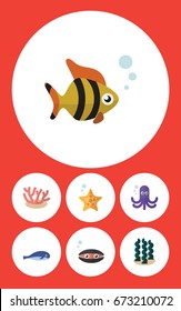 Flat Icon Nature Set Of Alga, Algae, Scallop And Other Vector Objects. Also Includes Seafood, Fish, Cachalot Elements.