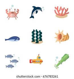 Flat Icon Nature Set Of Alga, Playful Fish, Periscope And Other Vector Objects. Also Includes Algae, Octopus, Lobster Elements.