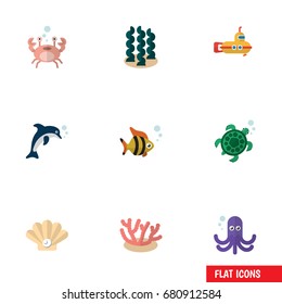 Flat Icon Nature Set Of Alga, Tentacle, Conch And Other Vector Objects. Also Includes Alga, Submarine, Dolphin Elements.