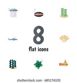 Flat Icon Nature Set Of Alga, Medusa, Tortoise And Other Vector Objects. Also Includes Alga, Periscope, Seaweed Elements.