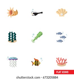 Flat Icon Nature Set Of Algae, Seafood, Conch And Other Vector Objects. Also Includes Angler, Jellyfish, Tuna Elements.