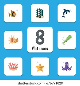 Flat Icon Nature Set Of Algae, Alga, Seafood And Other Vector Objects. Also Includes Alga, Tuna, Squid Elements.