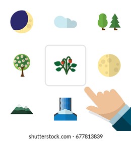 Flat Icon Nature Set Of Berry, Tree, Half Moon And Other Vector Objects. Also Includes Crescent, River, Cloud Elements.