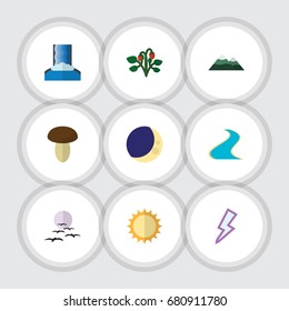 Flat Icon Nature Set Of Berry, Champignon, Tributary And Other Vector Objects. Also Includes Bird, Champignon, Moon Elements.