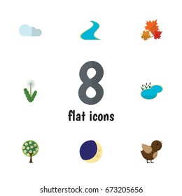 Flat Icon Nature Set Of Canadian maple, Floral, Bird And Other Vector Objects. Also Includes River, Floral, Canadian Elements.