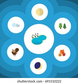 Flat Icon Nature Set Of Canadian, Bird, Half Moon And Other Vector Objects. Also Includes Bird, Maple, Lake Elements.