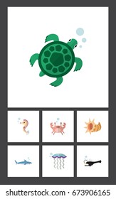 Flat Icon Nature Set Of Cancer, Fish, Hippocampus And Other Vector Objects. Also Includes Gray, Scallop, Medusa Elements.