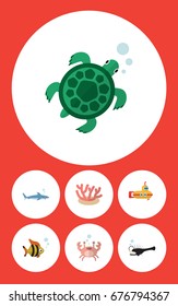 Flat Icon Nature Set Of Cancer, Periscope, Tortoise And Other Vector Objects. Also Includes Coral, Fish, Seafood Elements.
