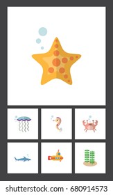 Flat Icon Nature Set Of Cancer, Seaweed, Sea Star And Other Vector Objects. Also Includes Seaweed, Starfish, Fish Elements.