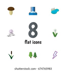 Flat Icon Nature Set Of Cascade, Forest, Floral And Other Vector Objects. Also Includes Thunder, Floral, Pond Elements.