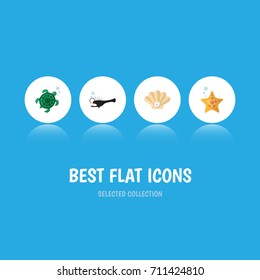 Flat Icon Nature Set Of Fish, Conch, Tortoise And Other Vector Objects. Also Includes Conch, Angler, Starfish Elements.