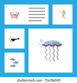 Flat Icon Nature Set Of Fish, Hippocampus, Tuna And Other Vector Objects. Also Includes Underwater, Seafood, Angler Elements.