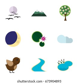 Flat Icon Nature Set Of Half Moon, Bird, Tributary And Other Vector Objects. Also Includes Bird, Water, Midnight Elements.