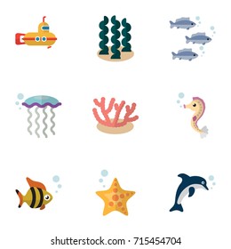 Flat Icon Nature Set Of Hippocampus, Periscope, Sea Star And Other Vector Objects. Also Includes Horse, Playful, Hippocampus Elements.